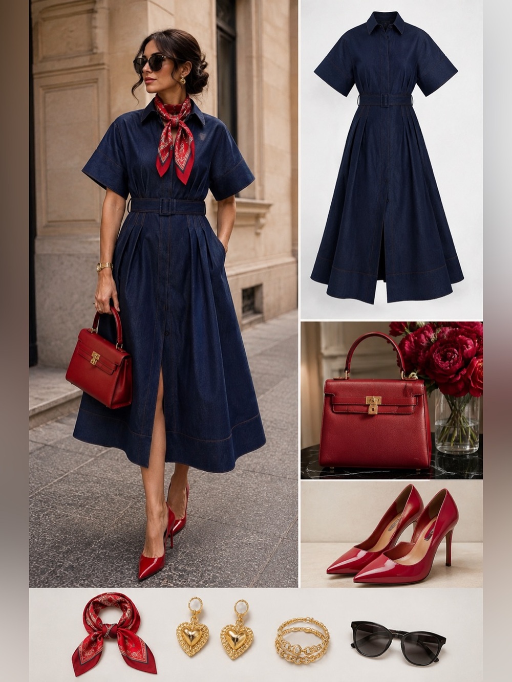 Carolina Herrera New with tags Denim Belted Midi Dress with Short Sleeves